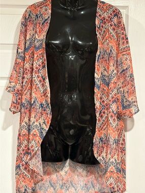 Sheer Coral & Navy Geometric Kimono Robe